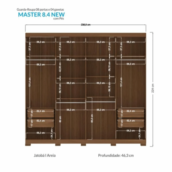 Roupeiro Santos Andirá Master New 8 Portas E 4 Gavetas - Jatobá/Areia - Imagem 4
