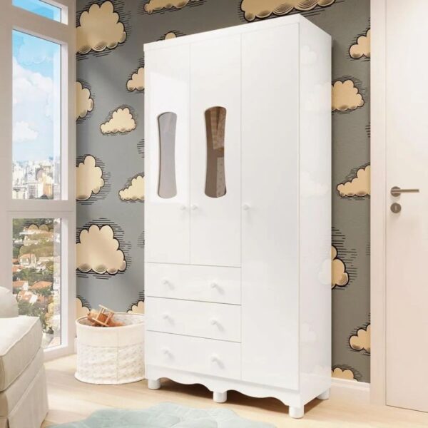 Roupeiro Peroba Luna New 3 Portas - Branco Brilho
